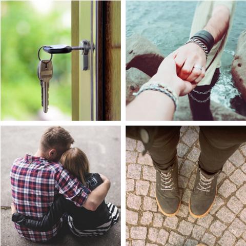 a key, helping hand, hug, and shoes