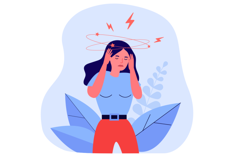 Graphic of a woman holding her head that is spining