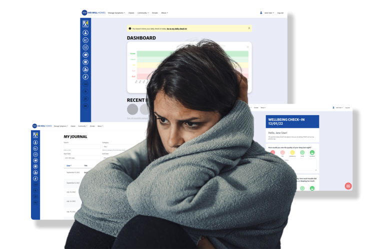 A woman that looks lonely but has the Rx 4 Wholeness app behind her