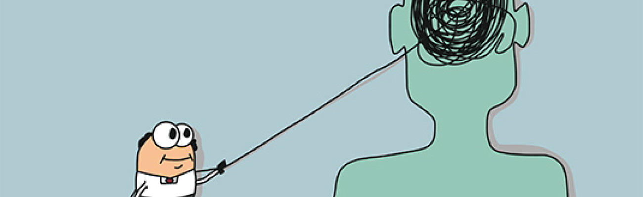 Cartoon showing man holding the string of a tangled mess in a brain
