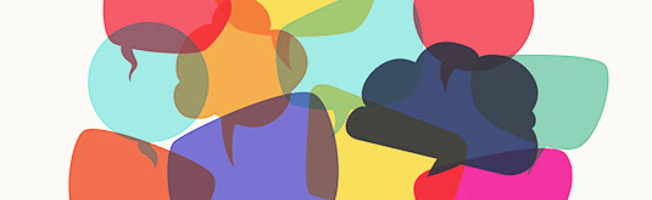 cartoon talking bubbles overlapped showing mixed messages