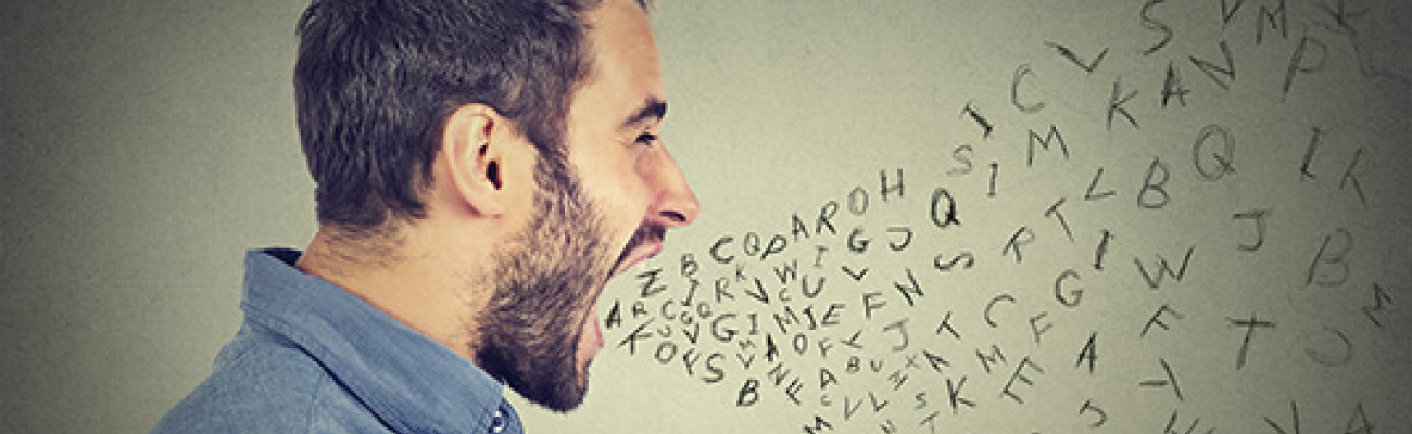 Angry man with lots of letters coming out of his mouth