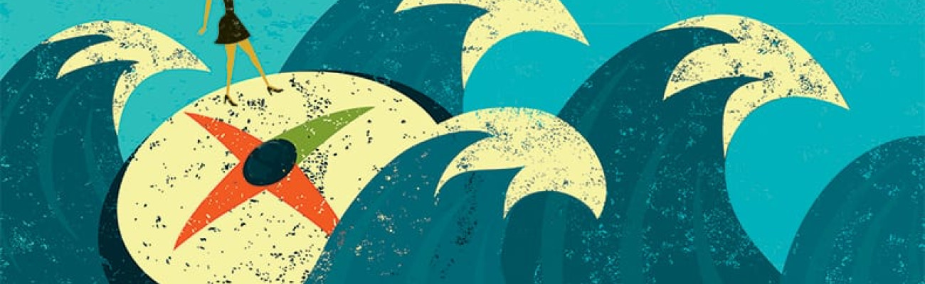 Cartoon of woman on top of waves